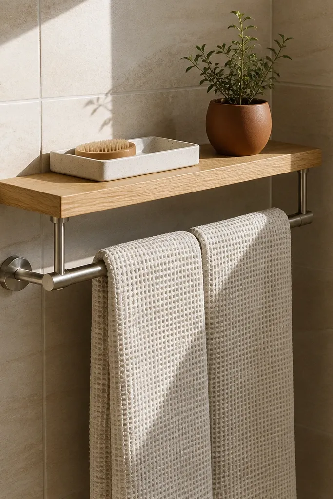 Two floating shelves with towel rail below and a small plant near the window