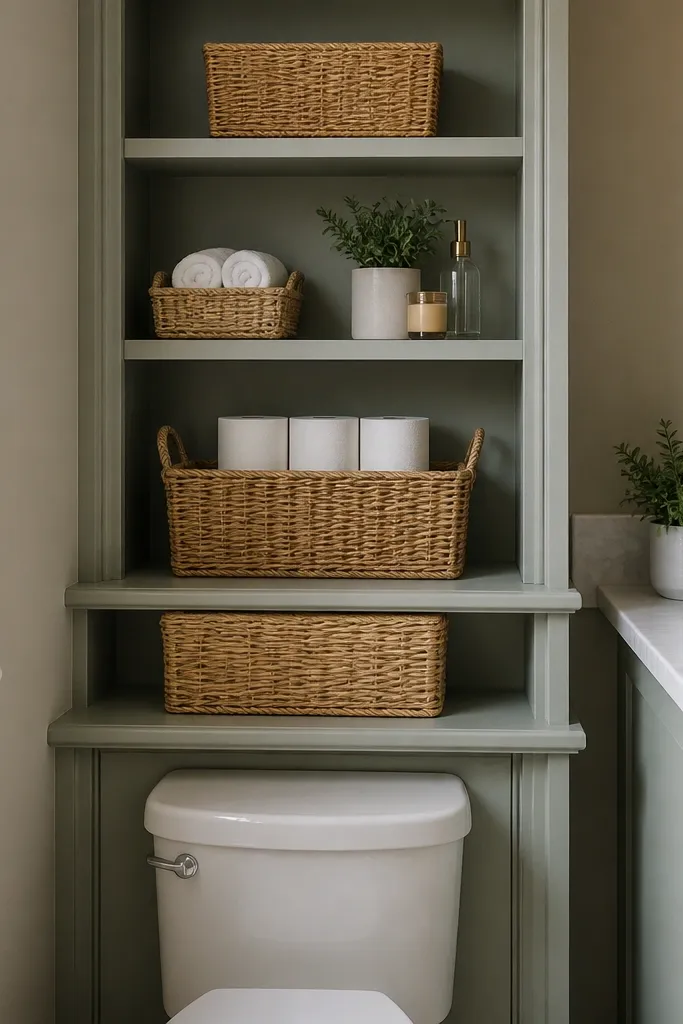 Small toilet tank cabinet painted to match vanity with open shelves above