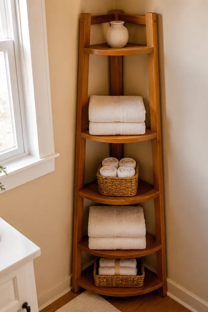 Slim corner ladder shelf with towels and baskets in a small bathroom