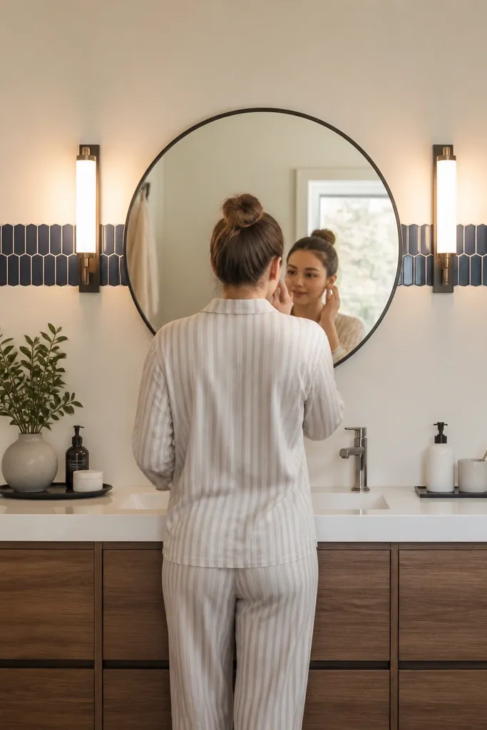 Small bathroom with a single accent tile strip behind the vanity