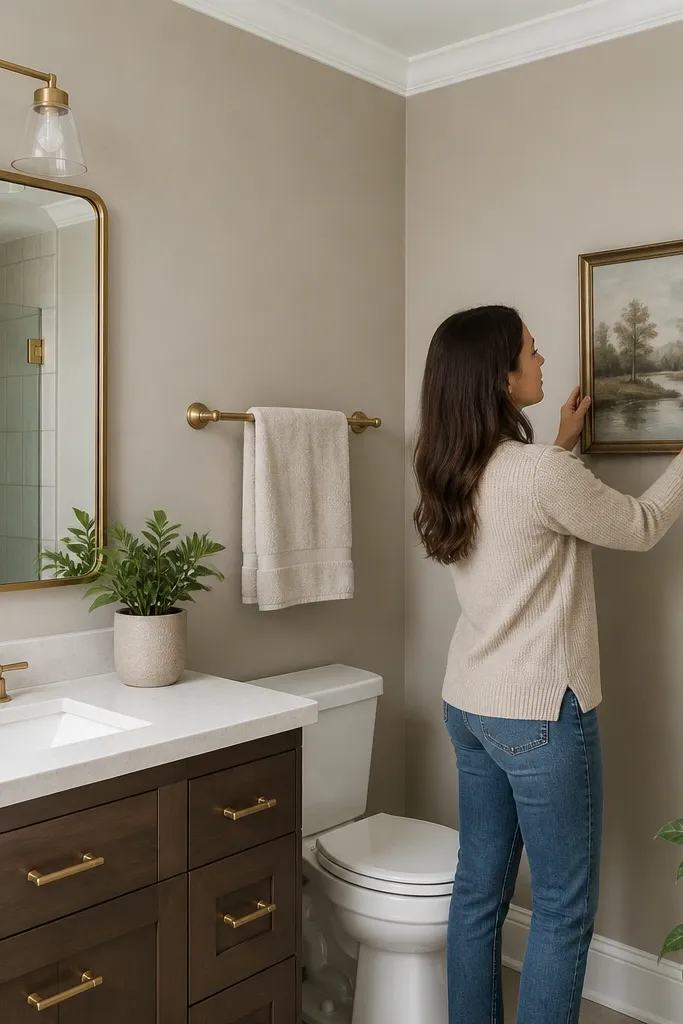 Warm greige bathroom walls with crisp white trim and modern fixtures