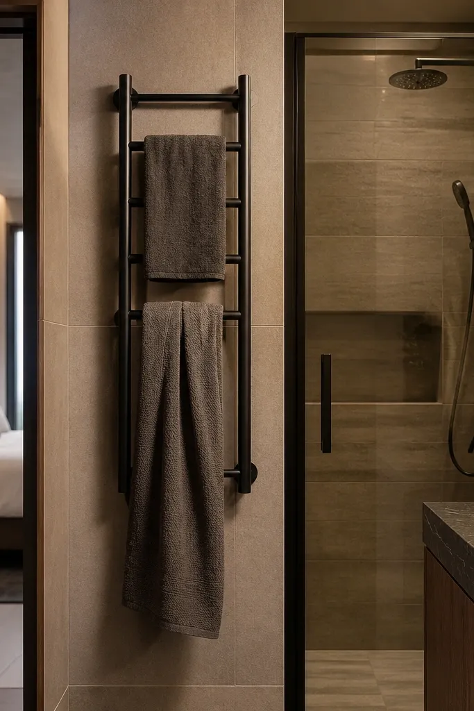 Matte black ladder-style towel hooks on a painted wall with a clean look