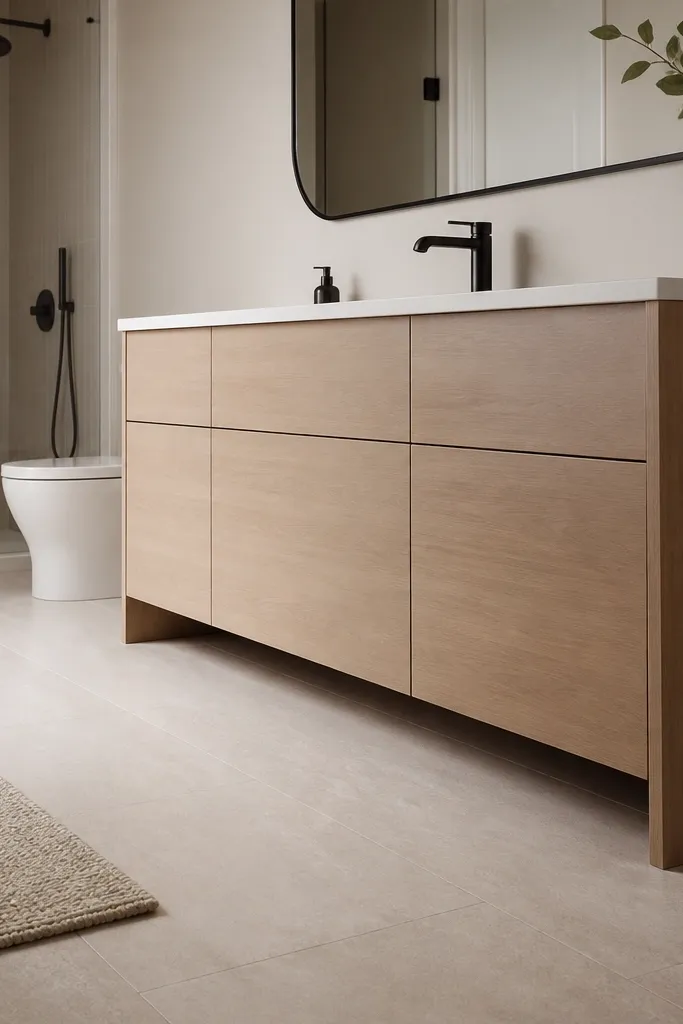 Slim vanity with integrated sink and open toe-kick for a lighter look