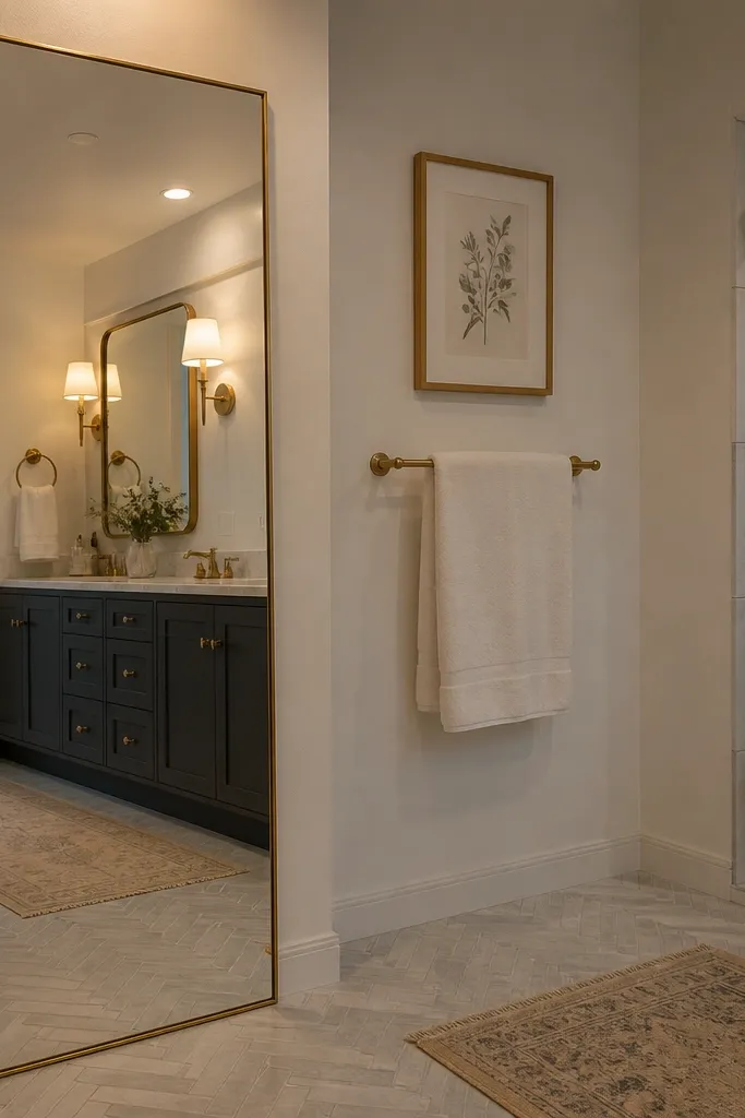 Mirror on bathroom door with warm lighting near the vanity
