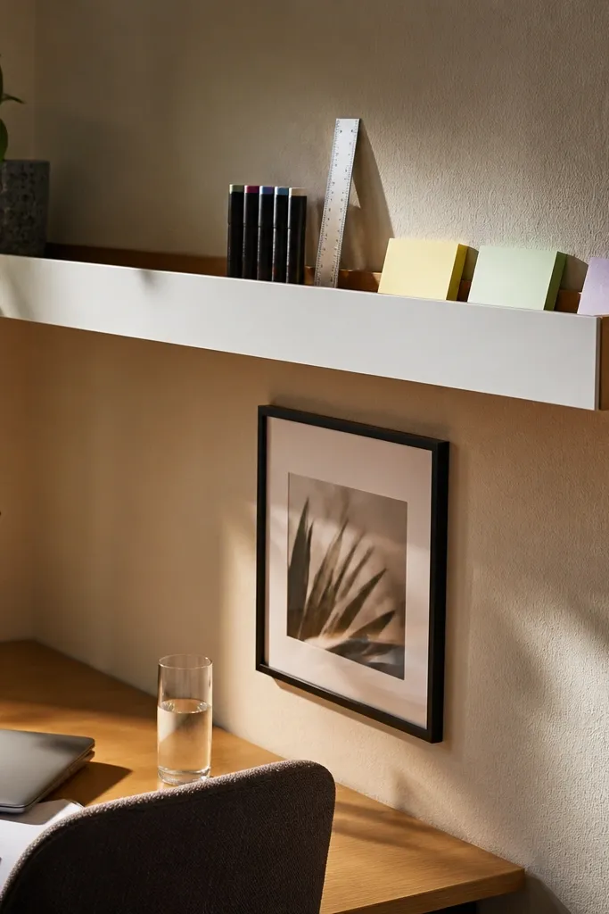 Wood floating shelf with a small front lip above a narrow desk