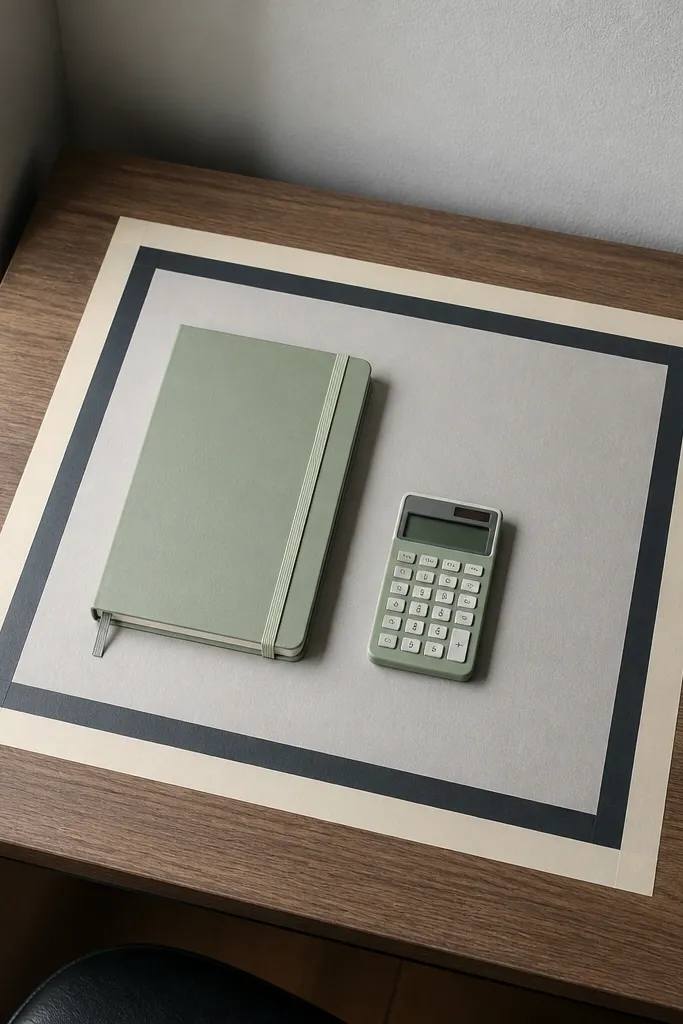 Masking tape border in two colors around a small desk mat