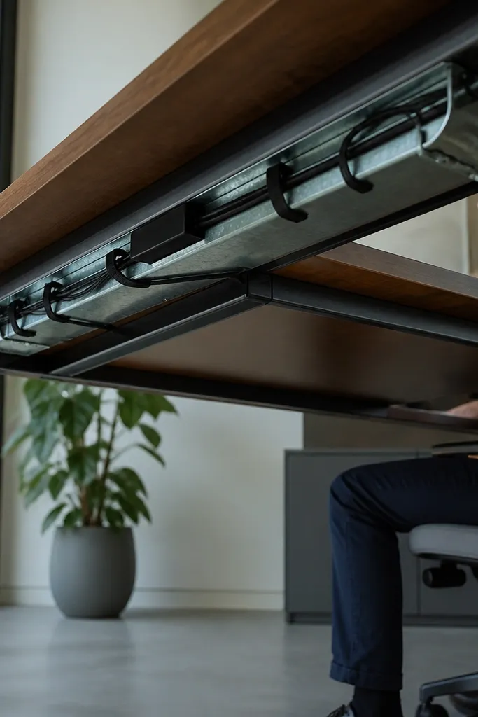 Black cable tray under a desk with cords clipped neatly