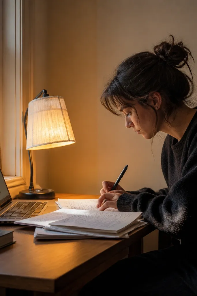 Desk lamp with a soft white diffuser shade near a window