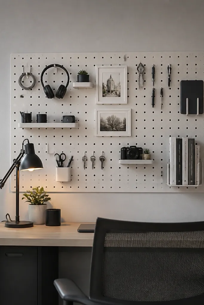 White pegboard grid on a wall with hooks holding books and small tools