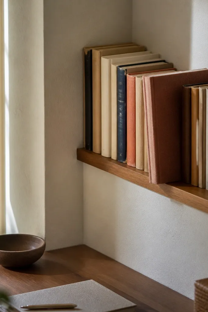 Slim ledge shelf holding vertical books neatly with a small lip