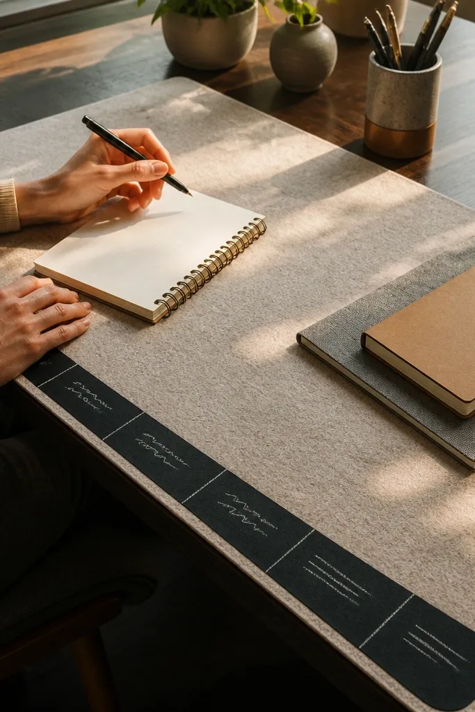 Charcoal felt desk mat with a small chalkboard label strip