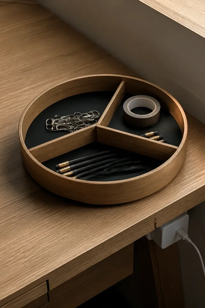 Small rotating organizer tray with pens, sticky notes, and a ruler