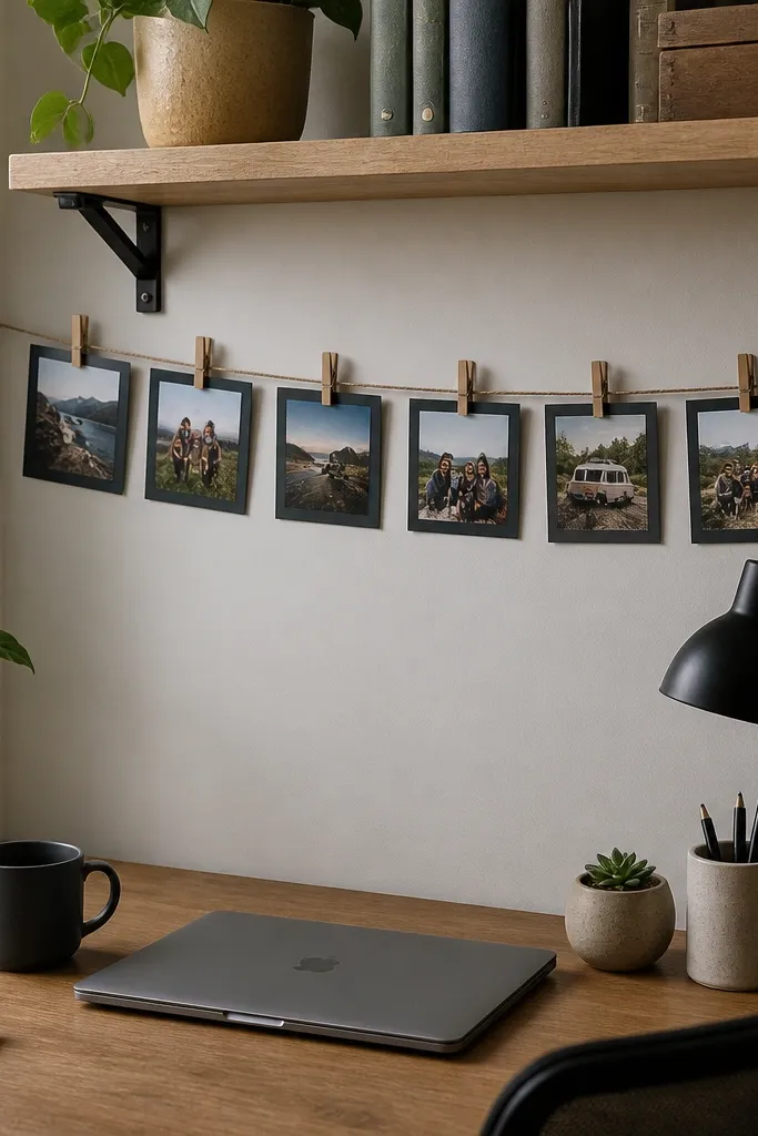 String line with clothespins holding small prints above a desk