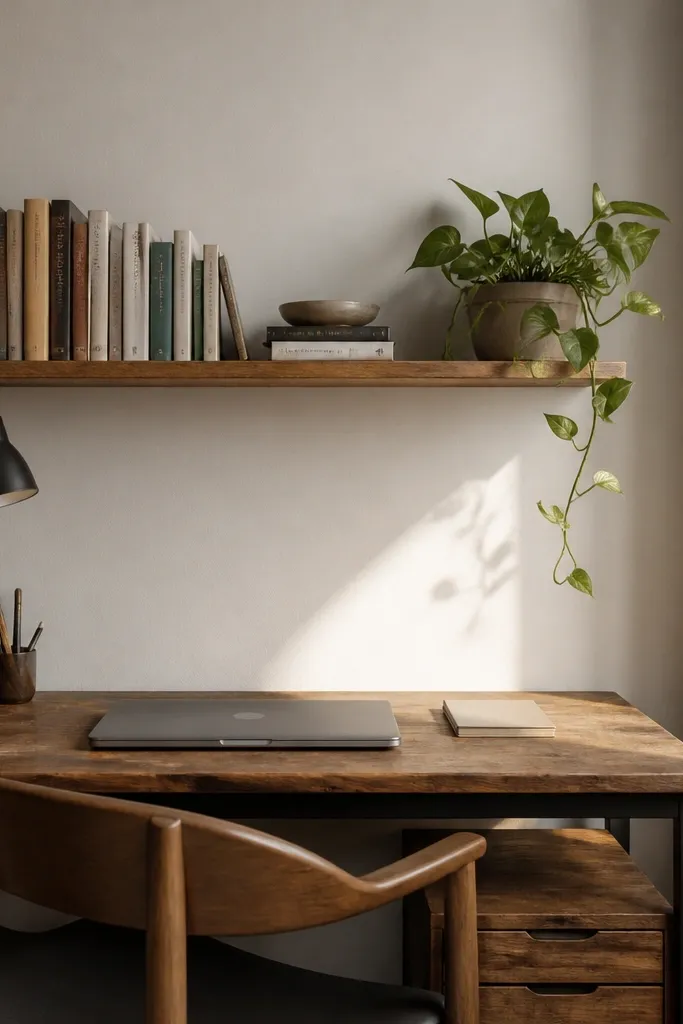 Small shelf spanning above desk with books and a plant