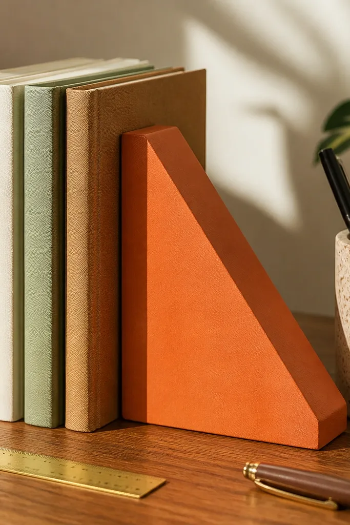 Painted wood wedge used as a bookend on a small desk