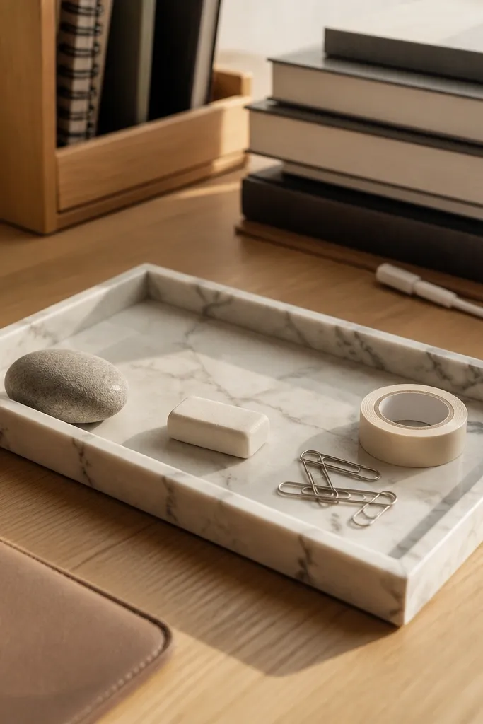 Marble-effect tray holding a small paperweight and stationery