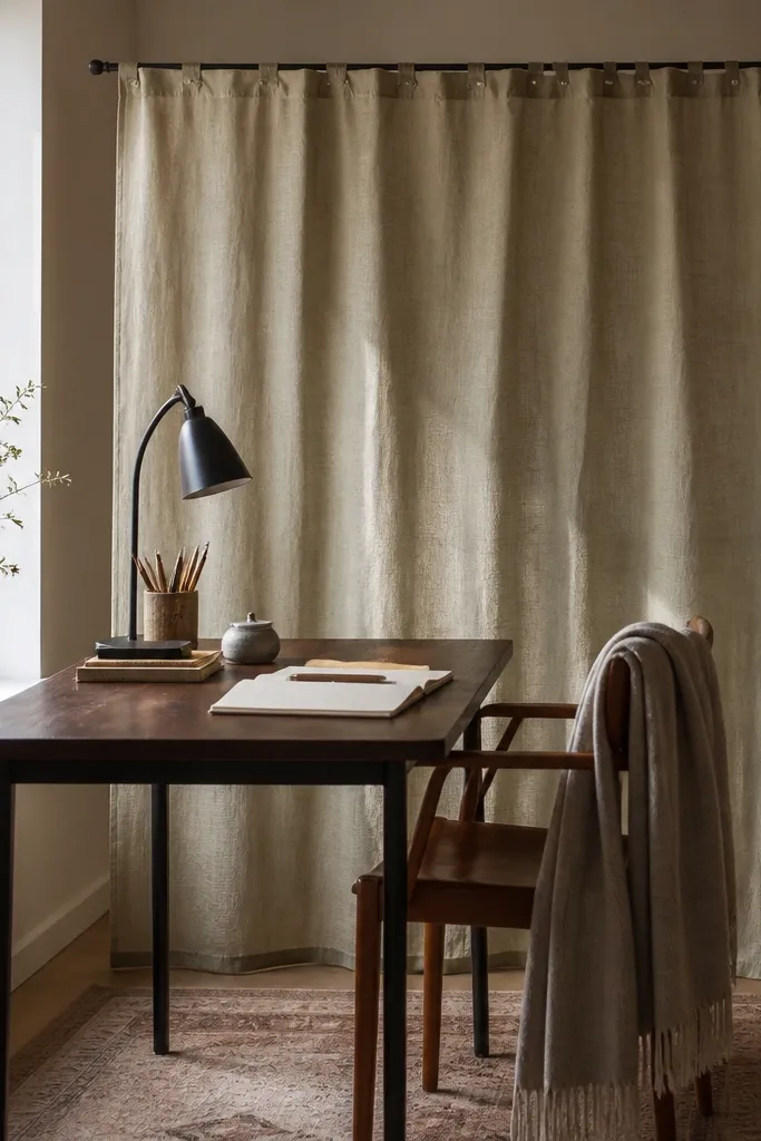 Small fabric curtain panel behind desk creating a soft backdrop