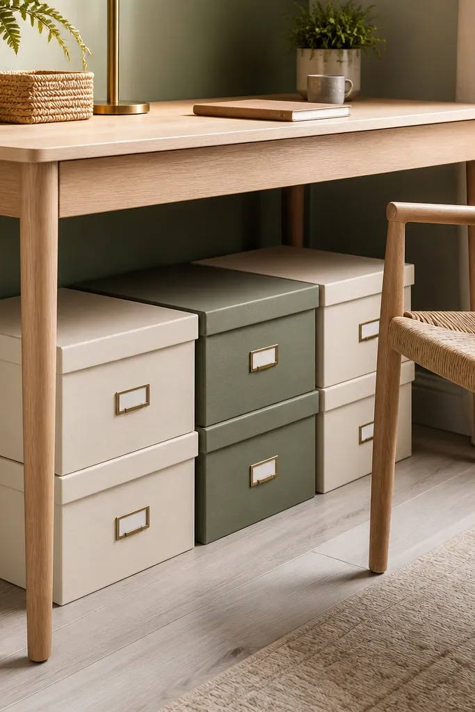 Two small lidded storage boxes under a desk with label tags