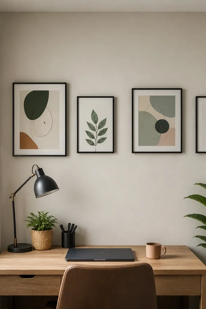 Two small frames aligned above a desk with matching spacing
