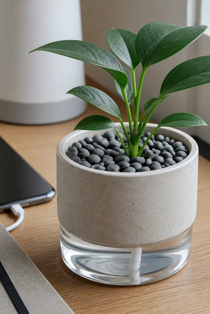 Small self-watering plant pot with pebbles on a study desk