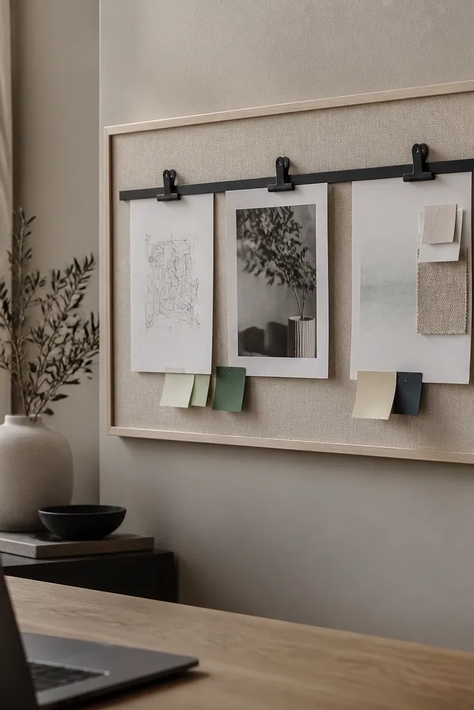 Small task board on wall with clip track and sticky notes