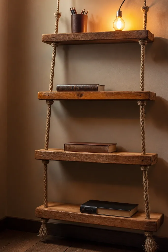 Small ladder shelf made from wood pieces and twine beside a desk