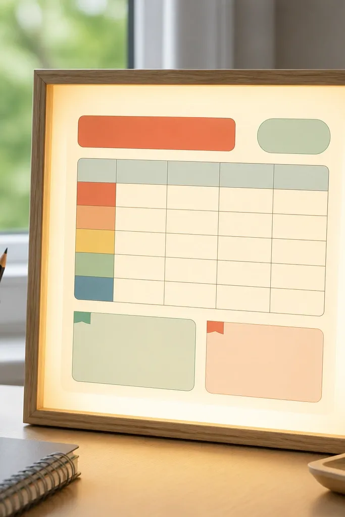 Small lightbox frame on desk showing a simple schedule card