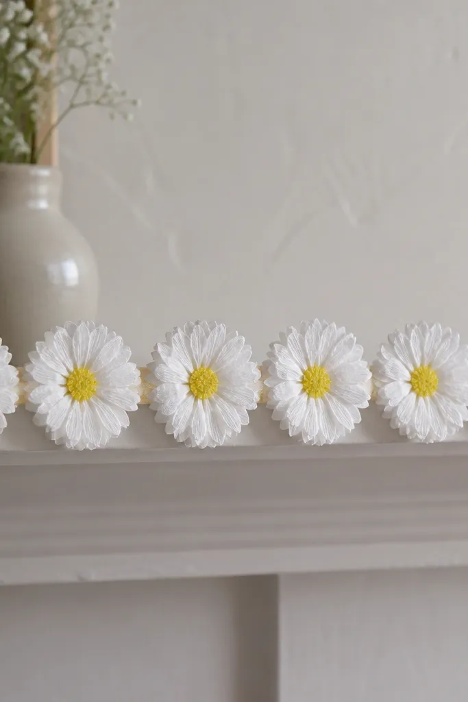 A row of small white tissue paper daisies with yellow centers sits along a narrow shelf edge. Each daisy is about 6 inches wide, spaced evenly, and attached to a thin cardboard strip backing.