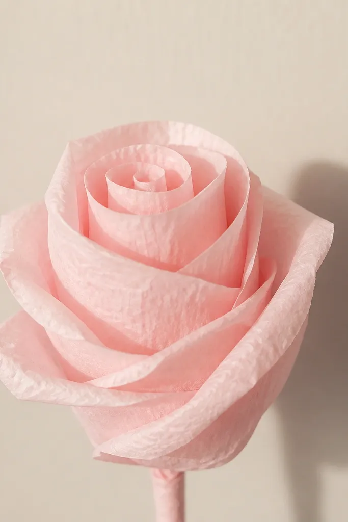 A single soft-pink rolled tissue rose with layered petals spiraling upward. The bloom sits in front of a plain wall and casts a gentle shadow behind it.