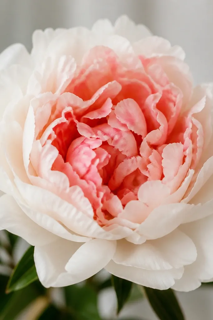 A two-tone peony with white outer petals and coral-pink inner petals. The petals are layered and slightly ruffled at the edges.