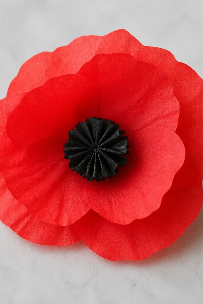 A bright red tissue paper poppy flower with a black, pinched center. The petals are slightly irregular, like hand-cut paper.
