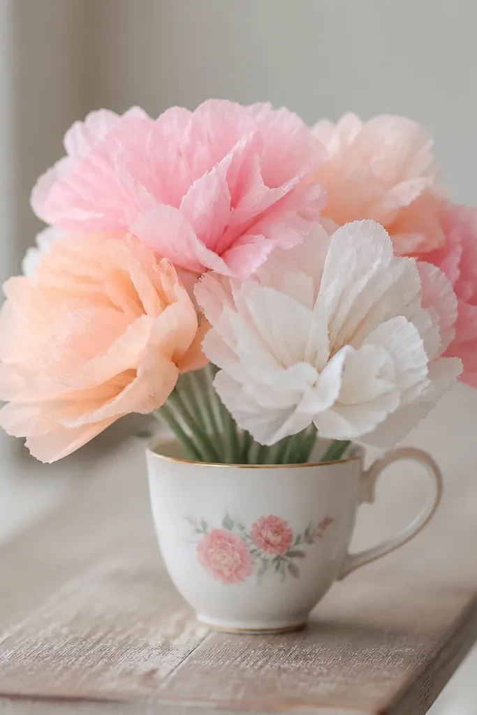 A small teacup filled with tissue paper flowers in pastel pink, peach, and white. The cup sits on a narrow table with the stems visible.