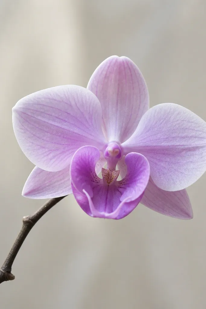 A single tissue orchid bloom on a thin branch stick, with two side petals and a curved center lip. The bloom is pale purple and white.