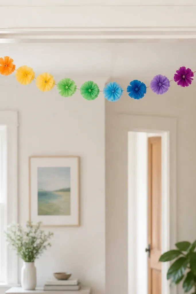 A rainbow garland of small tissue flowers hanging across a doorway. Each flower is a different color with a matching center strip.