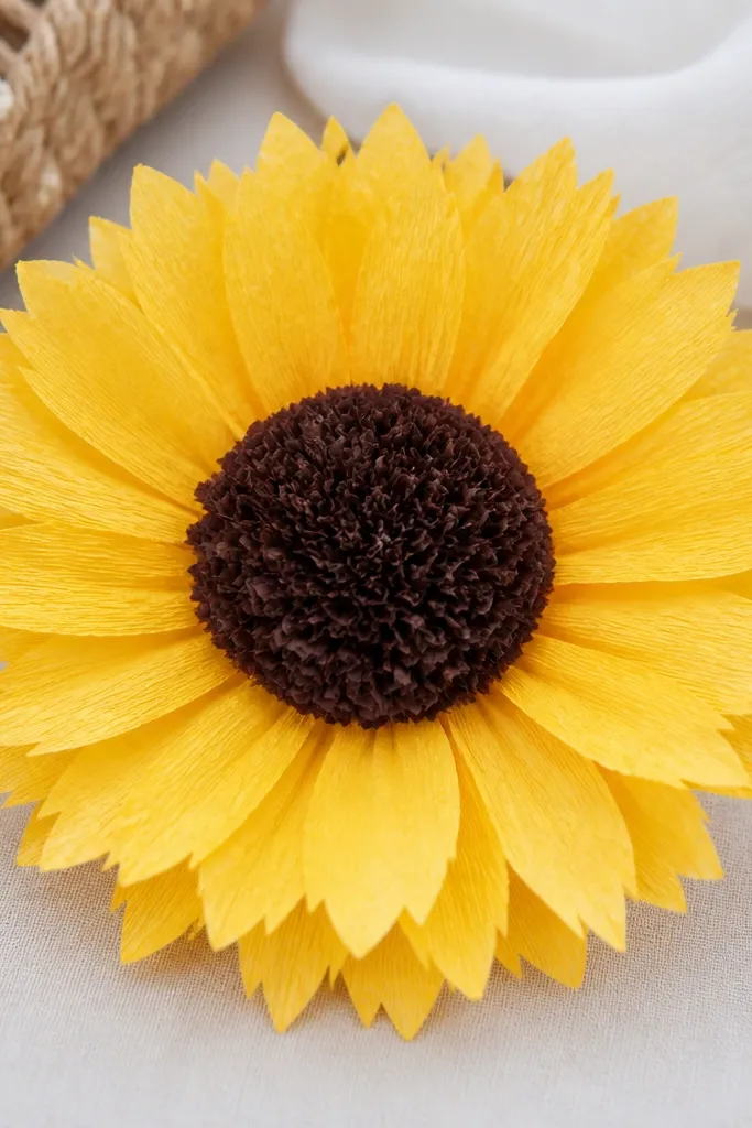 A sunflower-style tissue flower with bright yellow petals and a dark brown textured center. Petals have slight notches along the edges.