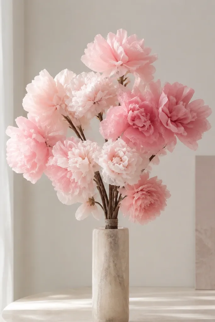 Blush and pale pink tissue flowers arranged in a tall, narrow vase. The blooms look light and airy, with stems tied to a central bunch.