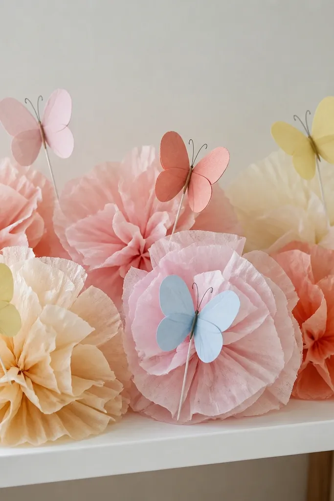 Small tissue butterfly cutouts pinned among tissue paper flowers on a shelf. The butterflies have folded wings and tiny black antenna lines.