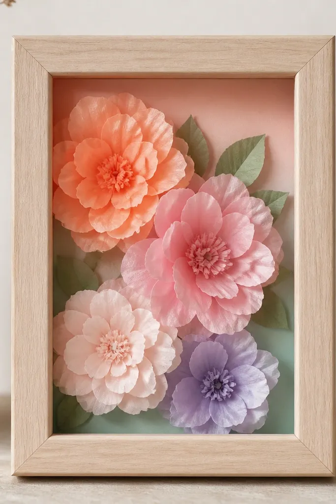 A small picture frame with tissue paper flowers layered inside behind the glass-less opening. The flowers sit on a backing board with a soft color gradient.