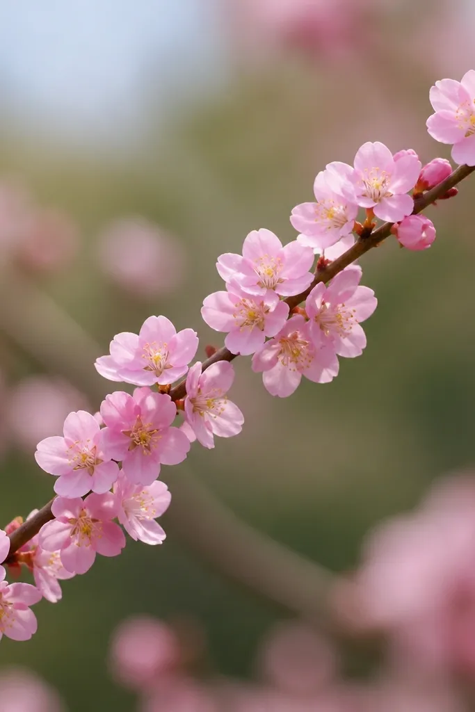 A thin branch with multiple small pink tissue blossoms clustered along it. Each bloom has five rounded petals and a tiny yellow center.