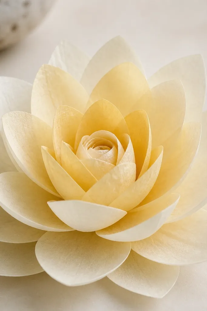 A lotus-style tissue flower with layered rounded petals in cream and pale gold, plus a rolled center. The petals overlap like a water lily.