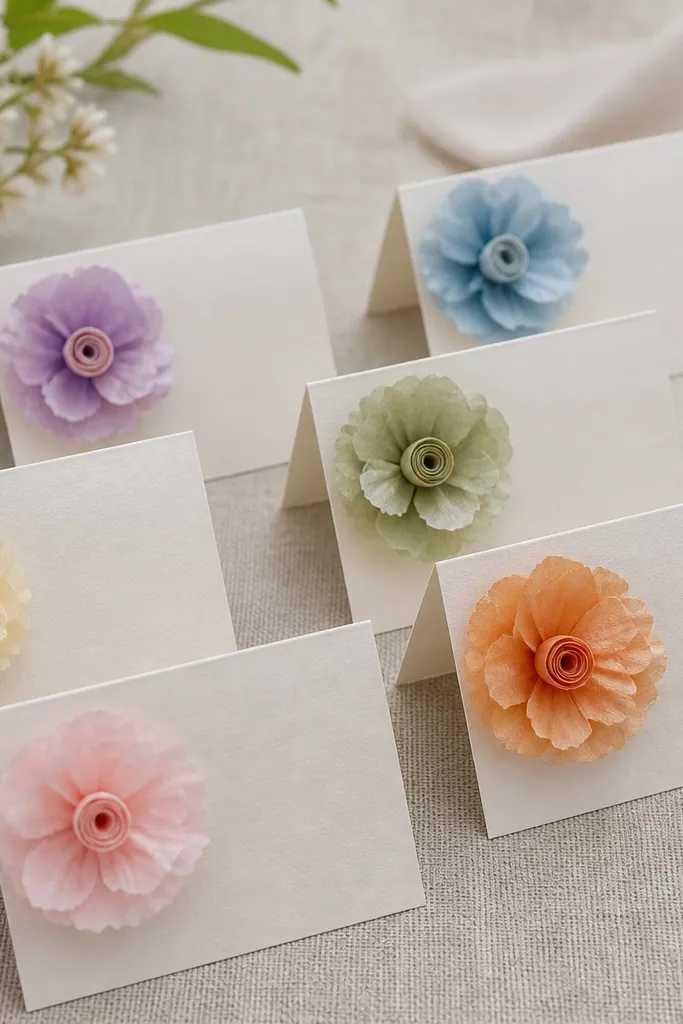 A set of table name tags with tiny tissue flowers attached to cardstock. Each tag has a different flower color and a small rolled center.