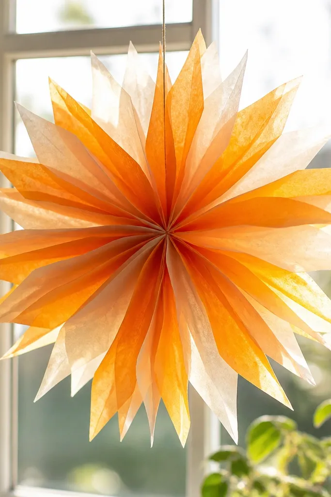 A starburst tissue flower made from alternating narrow petal strips. It hangs in a window and catches light, creating a glowing effect.