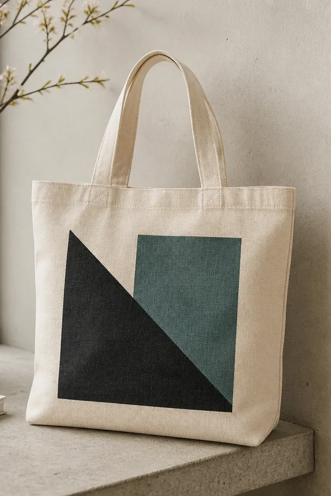 A beige tote with a bold front design made of two colors: a black diagonal block and a muted teal rectangle. The blocks overlap slightly and sit centered between the side seams.