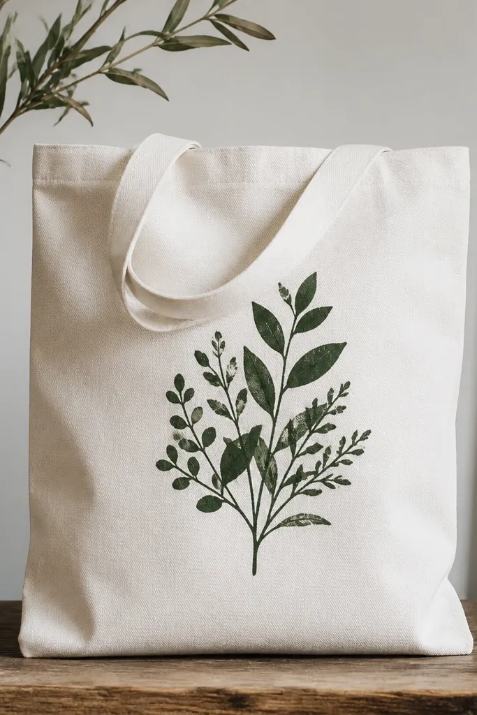 A white tote with a single botanical stencil cluster painted in deep forest green. The leaves and stems are crisp and slightly raised in texture, positioned mid-height on the front.