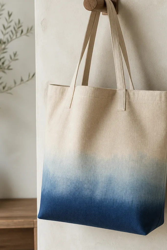 A tan tote with an ombre gradient across the bottom third. The color fades from dark indigo at the base to pale sky blue higher up, with soft sponge edges.