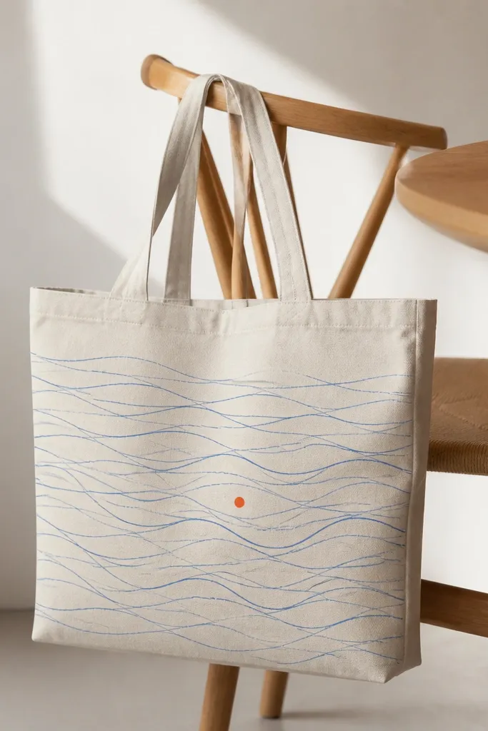 A natural canvas tote with a series of thin, wavy lines painted in light blue. One small bright coral dot sits near the center, like a buoy.