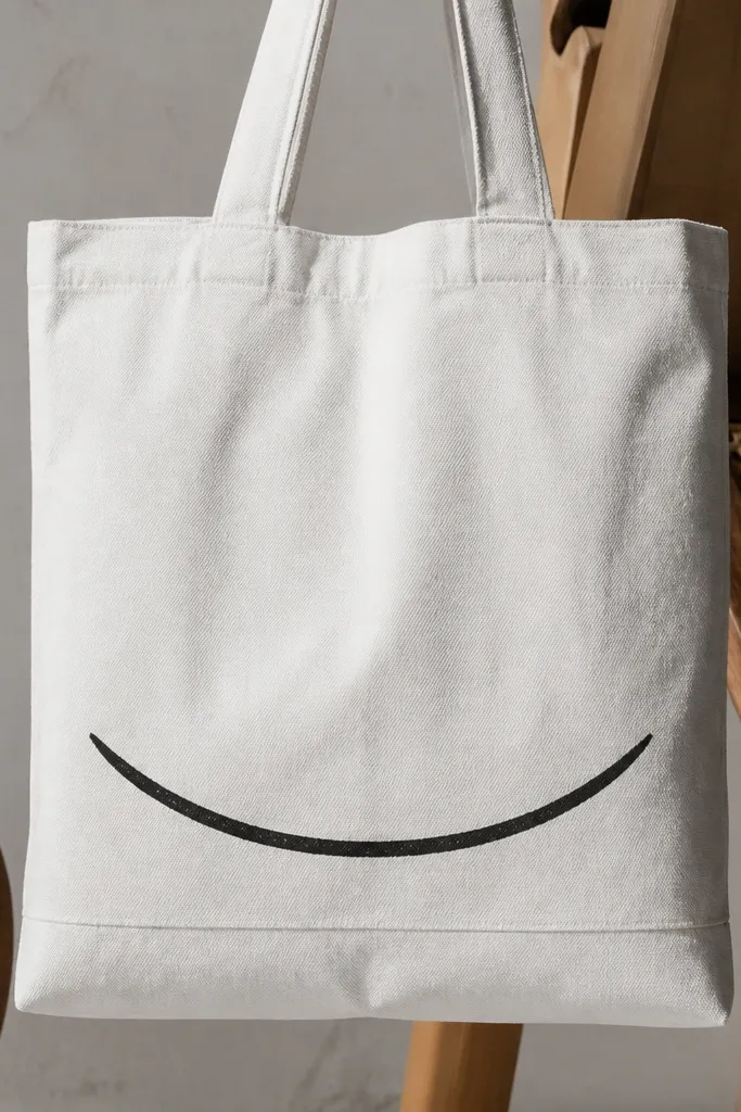 A white tote with a curved line of hand-lettered text in black. The letters have slight texture from a paint pen, and they sit centered above the bottom seam.