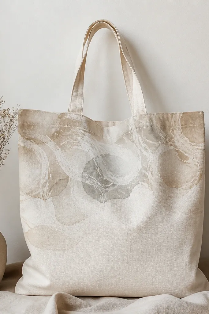 A light canvas tote with soft brownish stain circles across the upper half. Over the stains, thin marbled swirls in off-white and gray create a layered look.