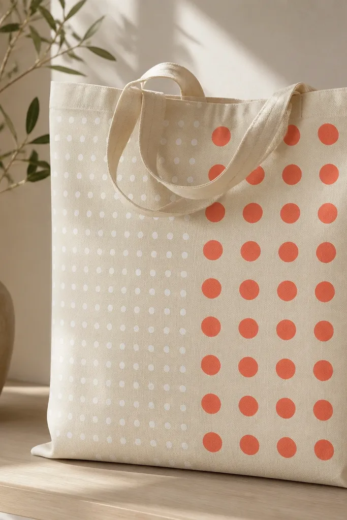 A cream tote with a neat grid of small white dots on the left half, and larger coral dots on the right half. The dots align in rows, with a clear dividing line.