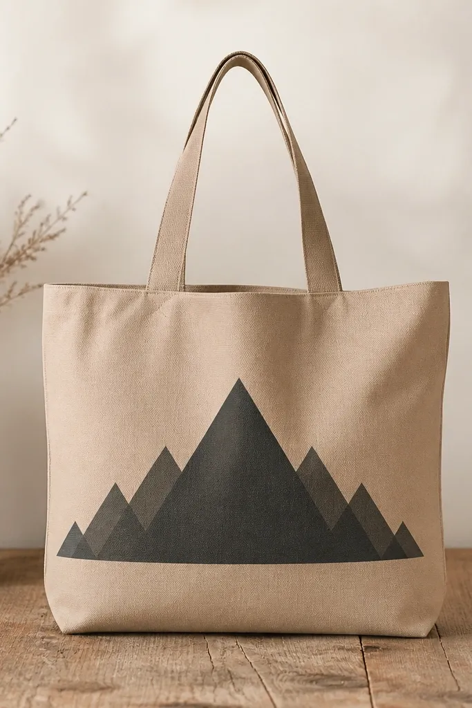 A tan tote with a single color mountain scene made from stacked triangles in dark gray. The tallest triangle sits centered, and smaller triangles step down to both sides.